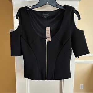 Bebe Black Zippered Cold Shoulder Crop Top